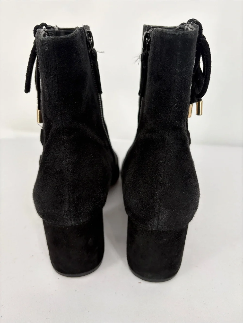 🌪️ Cole Haan Black Suede Ankle Boots with Decorative Lace & Gold Aglets